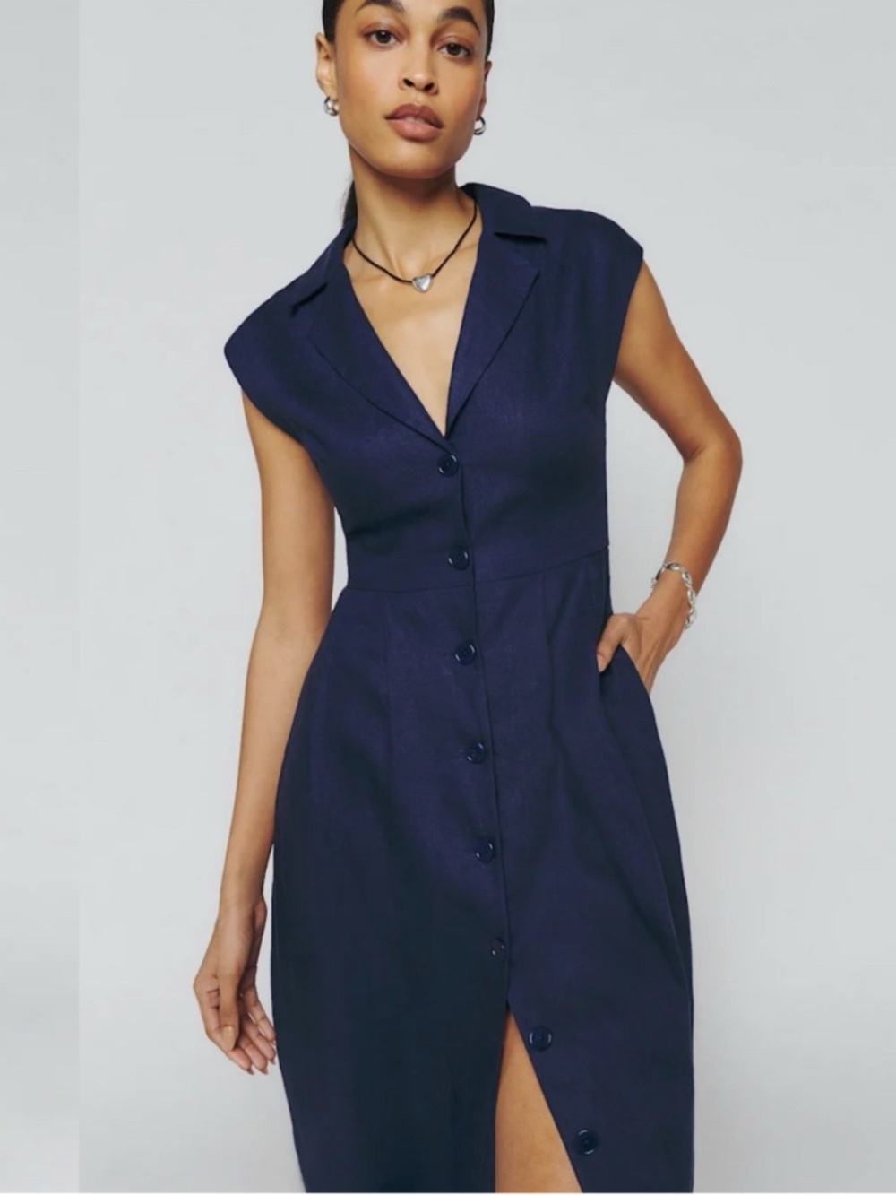 Reformation Zienna A-Line Dress Size 2 Linen Buttoned Midi Navy Blue